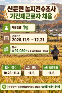 [이천시 신둔면] 농지 전수조사 기간제근로자 1명 채용… 일급 92,080원, 11월 3일까지 방문 접수