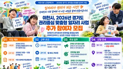 이천시, 중증장애인 맞춤형 일자리 추가 모집 나선다… 월 86만 원 지급