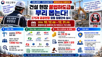 건설 현장 불법하도급 뿌리 뽑는다'… 국토부, 10개 공공기관과 합동으로 275개 공공현장 집중단속 돌입