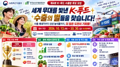 '세계 무대를 빛낸 K-푸드 수출의 별들을 찾습니다'… 농식품부, '제4회 K-푸드 수출탑' 후보 접수 개시… 수출 새내기를 위한 '신인상' 신설 및 참여 문턱 완화