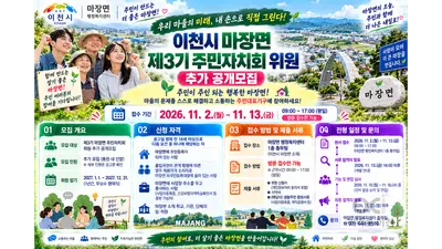 [이천시 마장면] 「제3기 마장면 주민자치회」 위원 추가 공개모집… 오는 11월 2일부터 접수