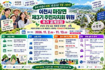 - [이천시 마장면] 「제3기 마장면 주민자치회」 위원 추가 공개모집… 오는 11월 2일부터 접수