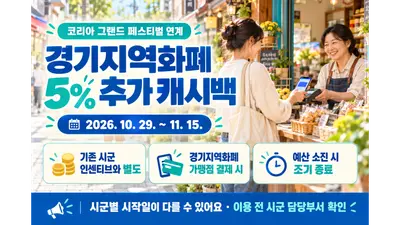 [경기도] '코리아 그랜드 페스티벌' 기간 경기지역화폐로 결제하면 5% 추가 캐시백… 11월 15일까지