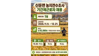 [이천시 신둔면] 농지 전수조사 기간제근로자 1명 채용… 일급 92,080원, 11월 3일까지 방문 접수