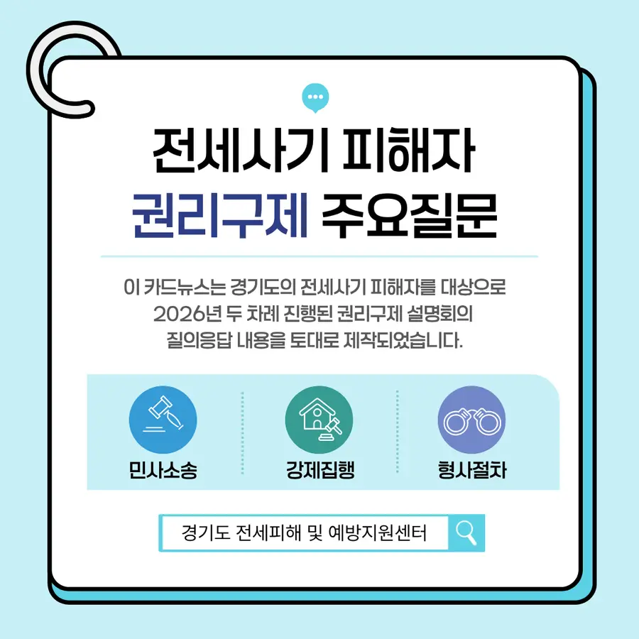전세사기 피해 권리구제를 위한 카드뉴스 첫 페이지이다. 전문은 경기주거복지포털 및 경기도 주거복지센터 누리소통망(SNS)에 게시될 예정이다. = 경기도청