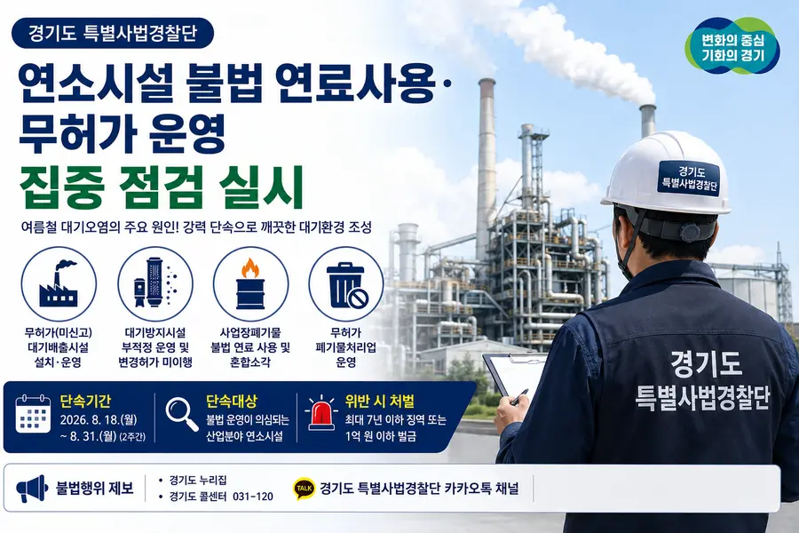 경기도 특별사법경찰단은 여름철 오존과 미세먼지 발생을 줄이기 위해 오는 8월 18일부터 31일까지 2주간 ‘하절기 산업분야 연소시설 불법행위’에 대한 권역별 집중단속을 실시한다. = 관련자료 경기도청 제공 / Generated by AI