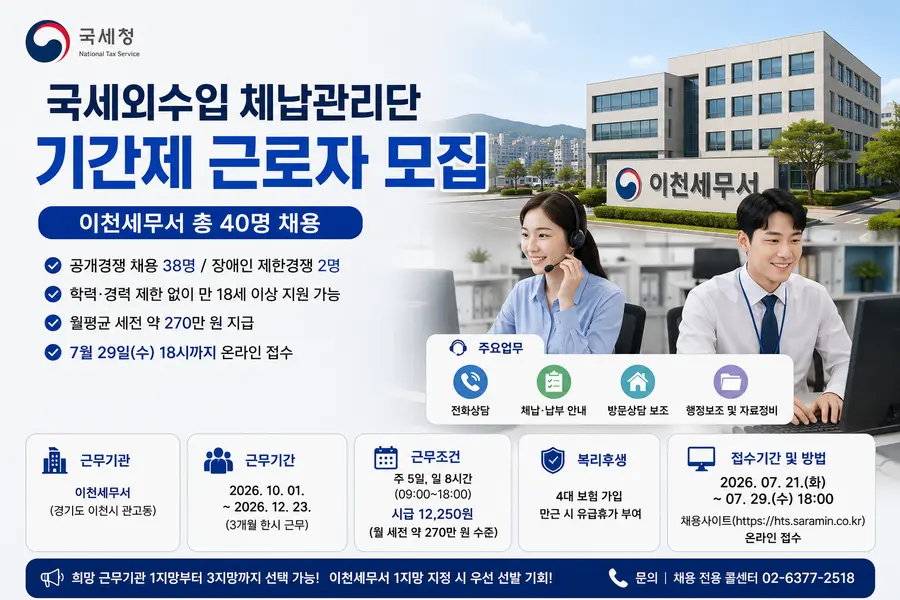 접수기간: 2026. 7. 21.(화) 12:00 ~ 2026. 7. 29.(수) 18:00 접수방법: 채용사이트(https://nts.saramin.co.kr)에서 온라인 접수 이천시청 제공 / Generated by AI