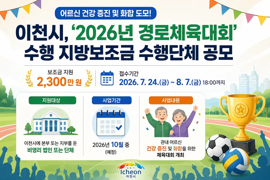 신청 접수는 2026년 7월 24일(금)부터 8월 7일(금) 18:00까지 진행되며 이천시청 홈페이지 공고란에서 신청 서식을 내려받아 작성한 후, 이천시청 노인장애인과 노인정책팀(시청 9층)으로 방문하거나 우편으로 접수하면 된다. = 이천시청 제공 / Generated by AI
