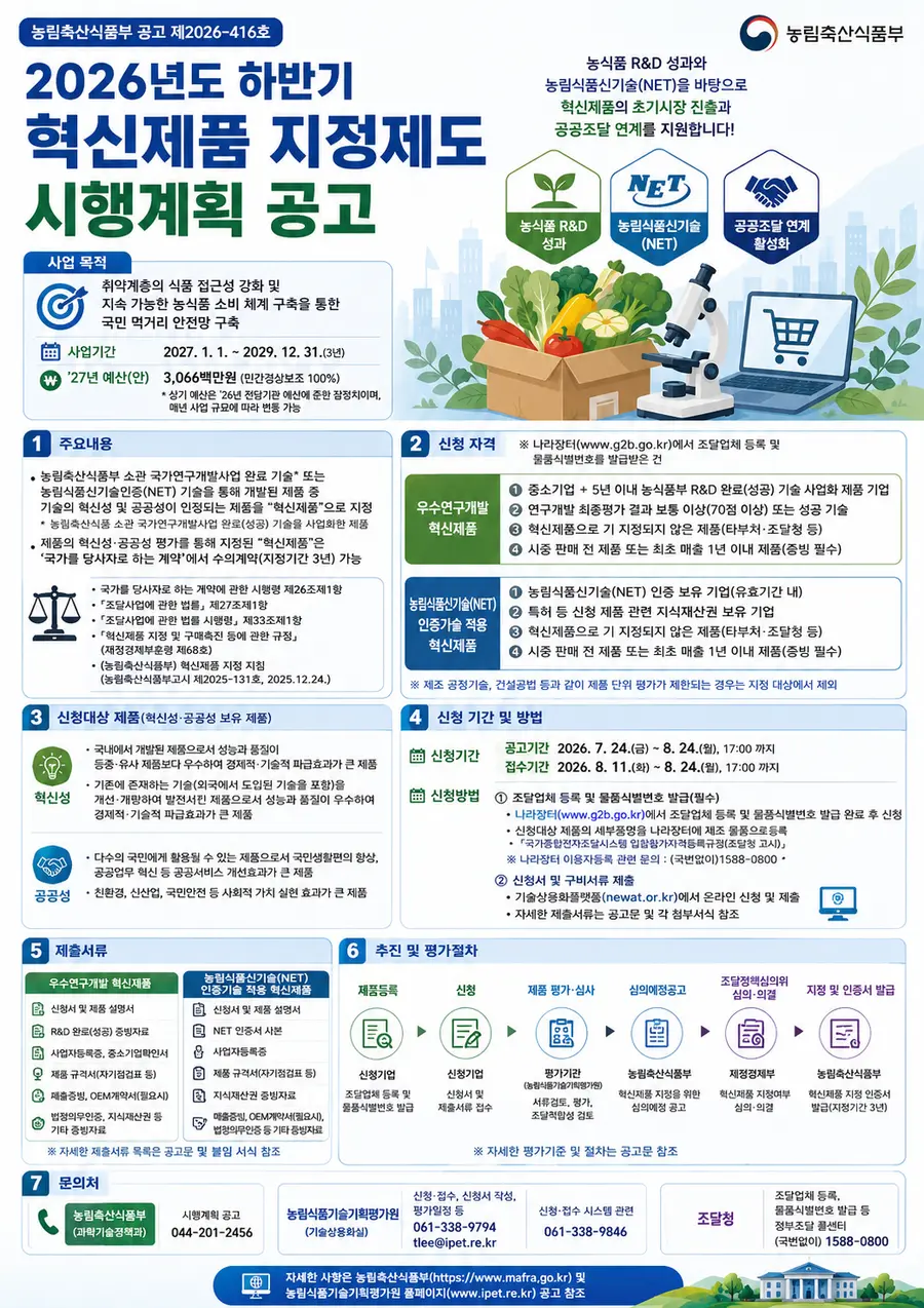 접수기간 : 2026. 8. 11.(화) ~ 8. 24.(월), 17:00 까지이며, 나라장터 조달업체 등록 후 기술상용화플랫폼(newat.or.kr)을 통해 신청하면 된다. 자세한 내용은 농림축산식품부(https://www.mafra.go.kr) 및 농림식품기술기획평가원 홈페이지(www.ipet.re.kr) 공고를 참조하면 된다. = 농림축산식품부 제공 / Generated by AI
