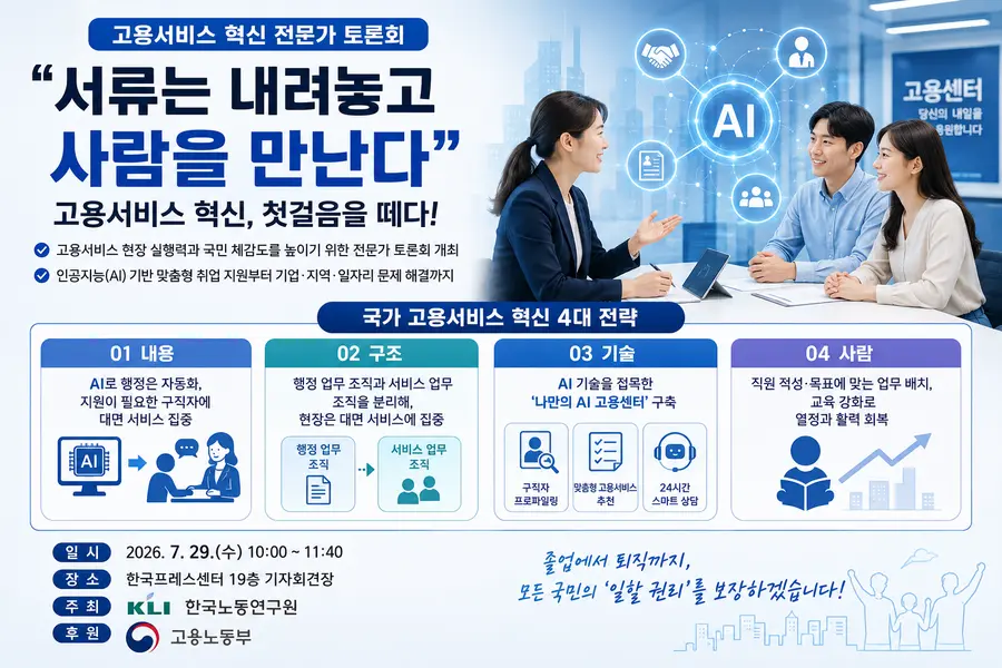 정부는 고용서비스를 급여 지급 등 행정 업무 중심에서 사람과 일자리를 잇는 상담 중심으로 전환하고, 모든 일하는 사람의 ‘일할 권리’를 보장하는 「졸업에서 퇴직까지, 평생 토털케어」 서비스 체계를 구축할 방침이다. = 고용노동부 제공 / 이미지: Generated by AI