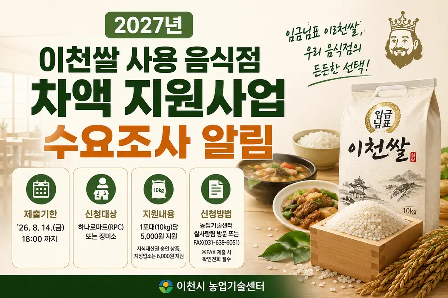 2027년 이천쌀 사용 음식점 차액 지원사업 수요조사를 실시한다. = 이천시청 제공 / 이미지: Generated by AI