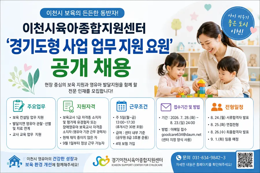 경기이천시육아종합지원센터에서 근무할 경기도형 사업 업무 지원 단시간근로자를 다음과 같이 공개 채용한다 = 이천시청 제공 / 이미지: Generated by AI