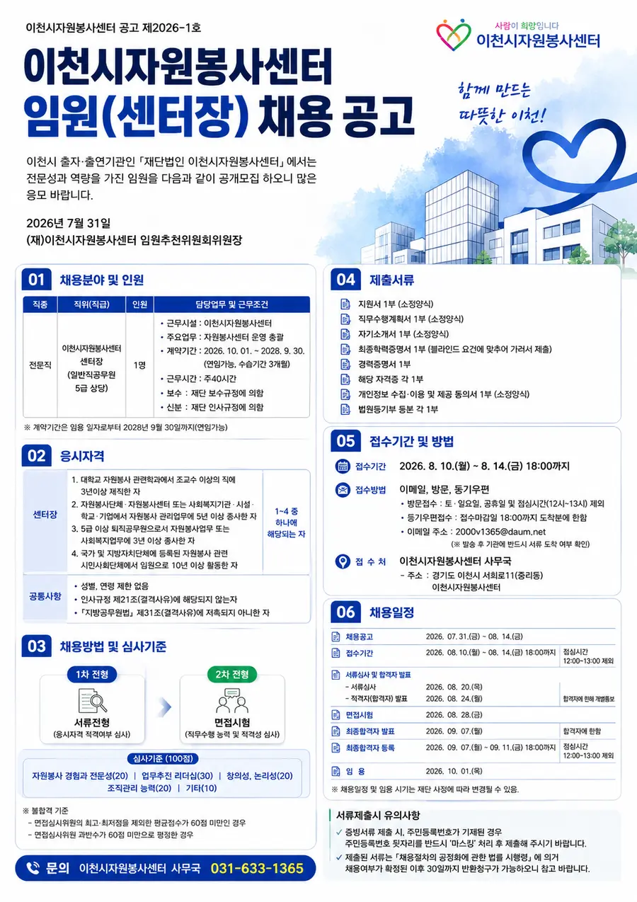 접수는 2026. 08. 10.(월) ~ 08. 14.(금) 18:00까지 이메일, 방문, 등기우편 등으로 가능하다. 문의사항이 있을 경우 031-633-1365로 연락하면 된다. = 이천시청 제공 / 이미지: Generated by AI